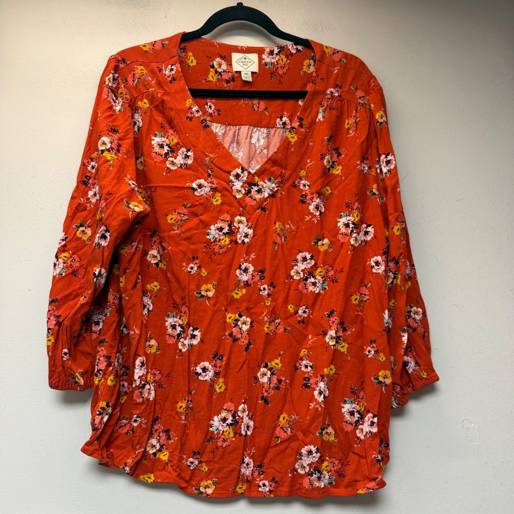 St. John's Bay Floral Blouse Womens XXL Orange Excellent V-Neck 3/4 Sleeve
